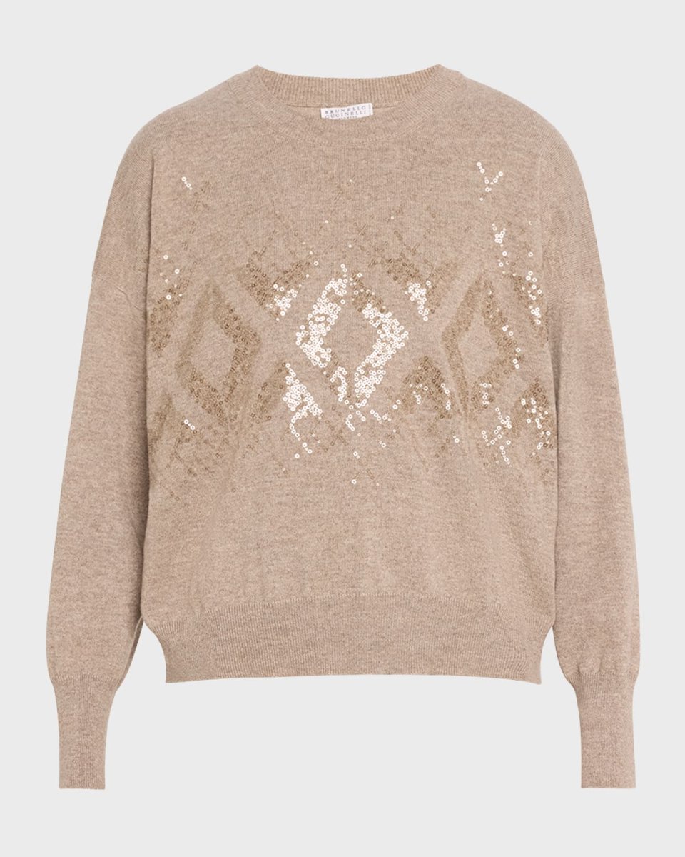 Two-Tone Cashmere Crewneck with Mountain Mosaic Sequins